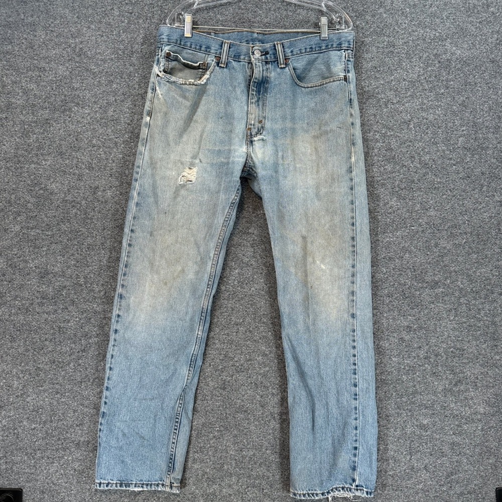 Levis 505 Jeans Men 34x30 Blue Light Wash Distressed Regular Straight Grunge